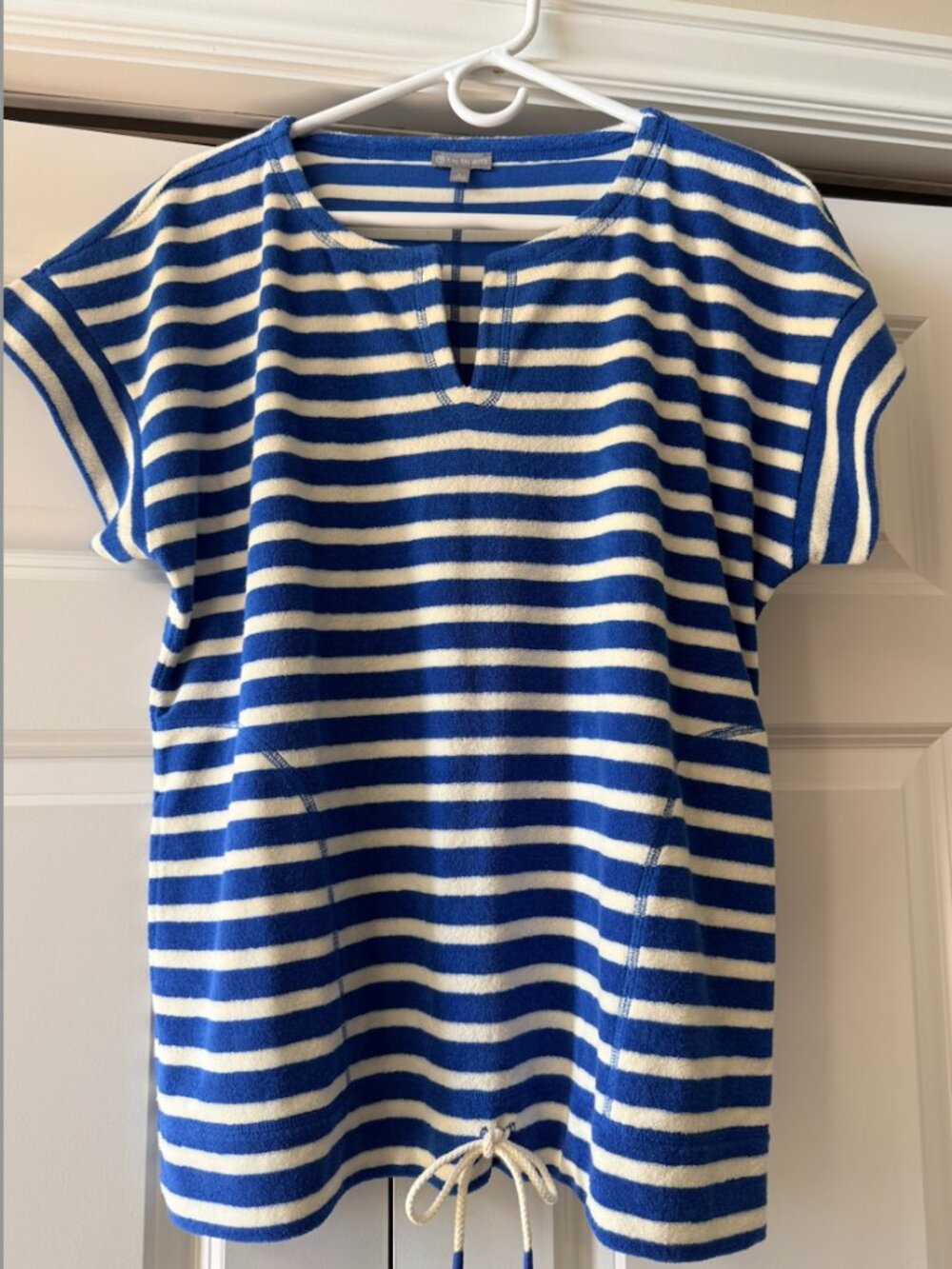T by Talbots Blue White Striped Terry Cloth Top | Drawstring Hem | Large
